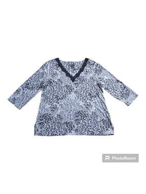 Covington Animal Print Lace V-Neck Shirt - 3/4 Sleeve Cotton Blend - Size Large